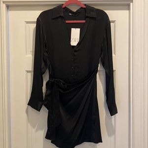 Zara Black Satin Wrap Dress M NWT